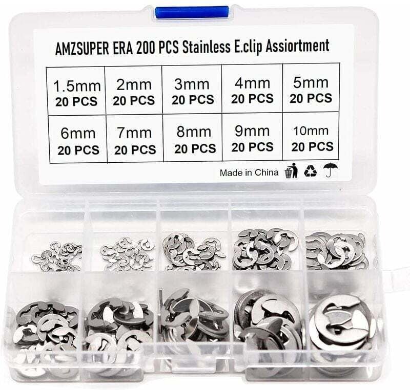 Juego de 200 anillos de retención externos de acero inoxidable 304, surtido de 1,5/2/3/4/5/6/7/8/9/10 mm, varios usos.