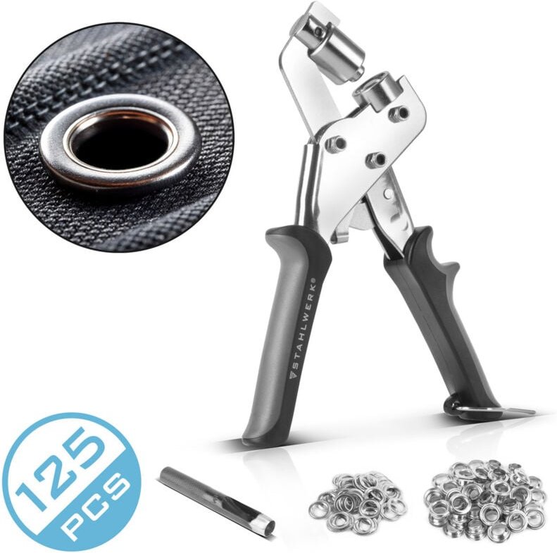 STAHLWERK Ösenzange Set 10 mm mit Lochstanze und 125 Ösen aus gehärtetem Stahl