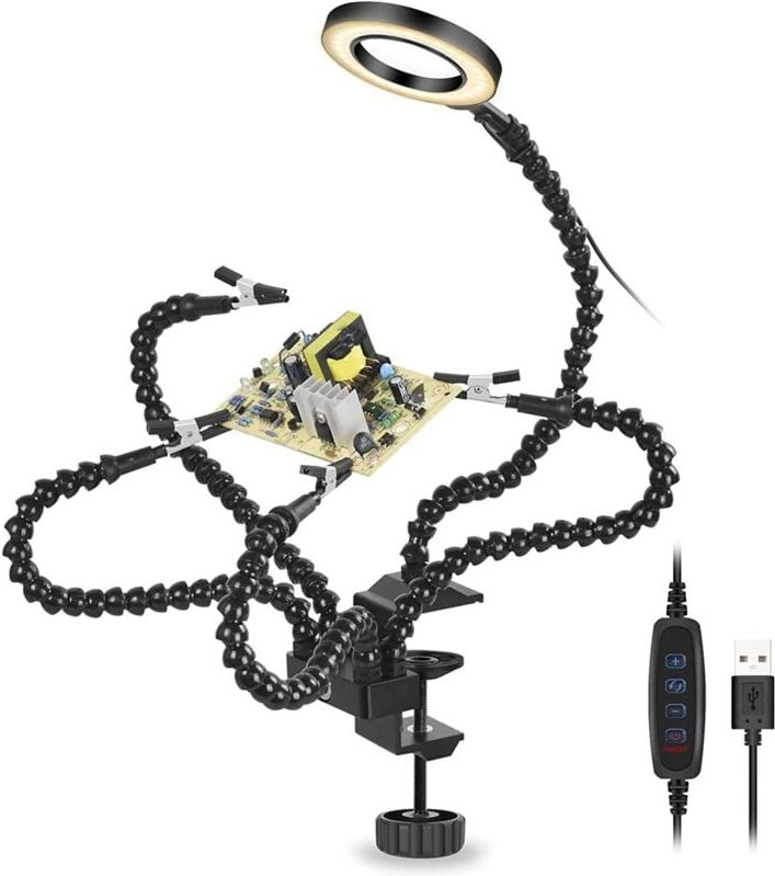 Helfende Hände beim Löten, Leiterplattenhalter aus dritter Hand mit 5 flexiblen Armen und Vergrößerungslampe mit 3 einst...