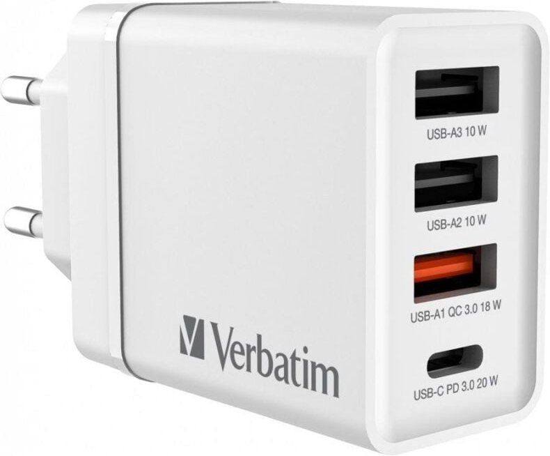 Verbatim Wandladegerät 1x USB-C PD 20W 1x USB-A QC 3.0 2x USB-A 10W EU Weiß