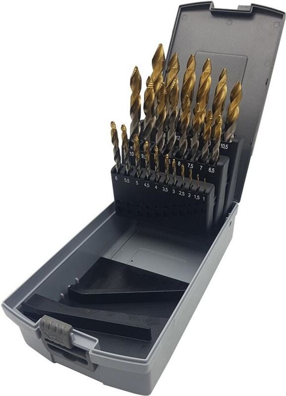 Thumbnail - Forum Spiralbohr.Set DIN338 HSSmit Stufenbohrerspitze 1,0-10,0 0,5mm steigend 19-teilig UNI