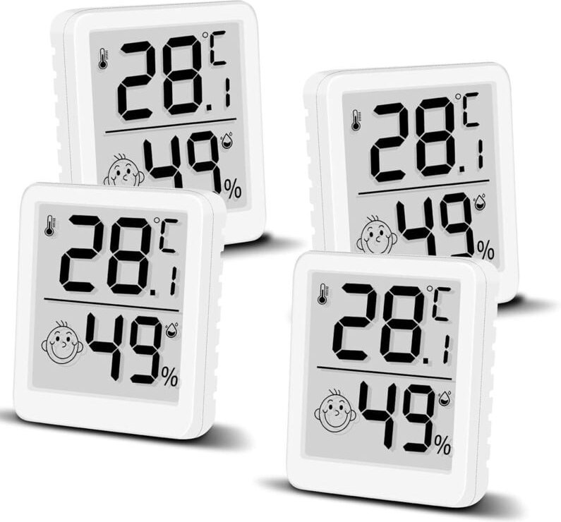 Set mit 4 digitalen Thermometern und Hygrometern mit Smiley-Gesicht und LCD-Bildschirm für den Innenbereich – Mini-Hygro...