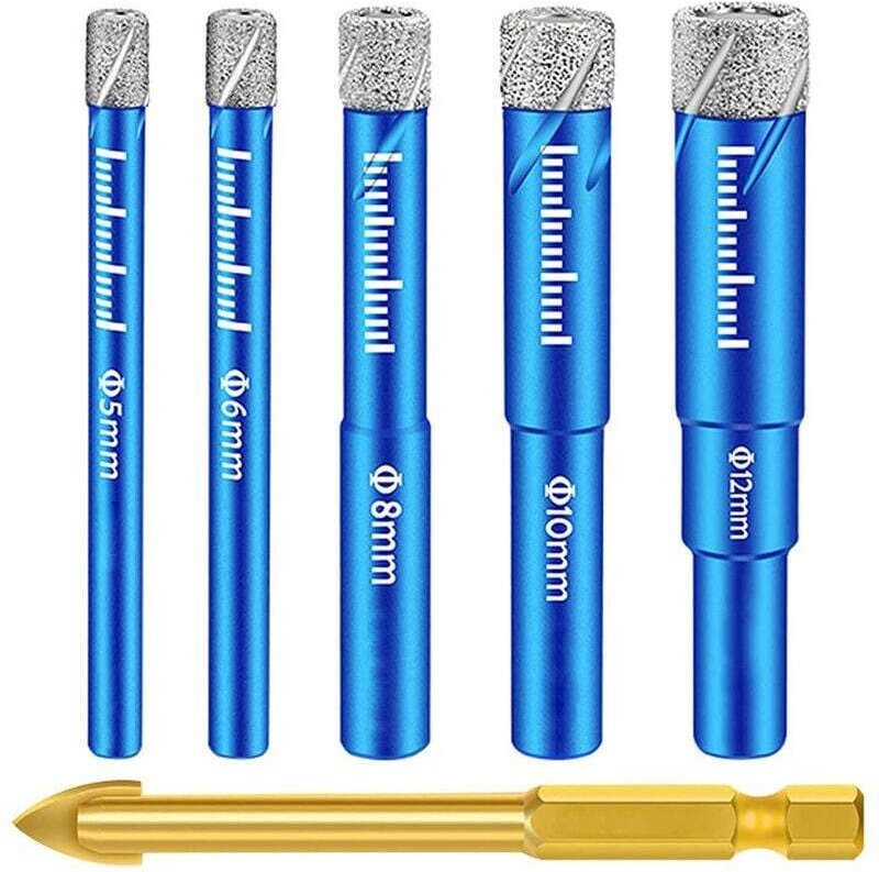 Diamant-Fliesenbohrer, 5, 6, 8, 10, 12 mm, Fliesenbohrer für Keramik, Glas, Granit, Marmor, Quarz