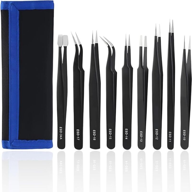 Set mit 9 ESD-Präzisionspinzetten aus Edelstahl, Präzisionspinzetten für Elektronik, Schmuck, Modellbau und hochpräzise ...