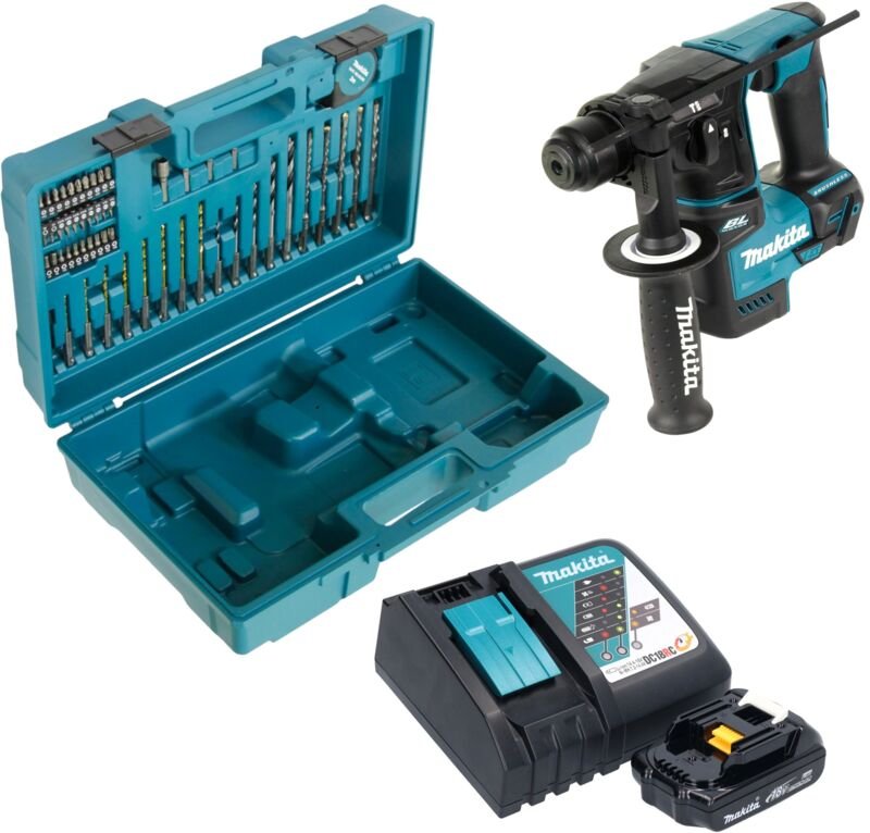 Makita DHR 171 RY1X3 Akku Bohrhammer 18 V 1,2 J SDS-Plus Brushless + 1x Akku 1,5 Ah + Ladegerät + 65 tlg. Zubehör Set + ...