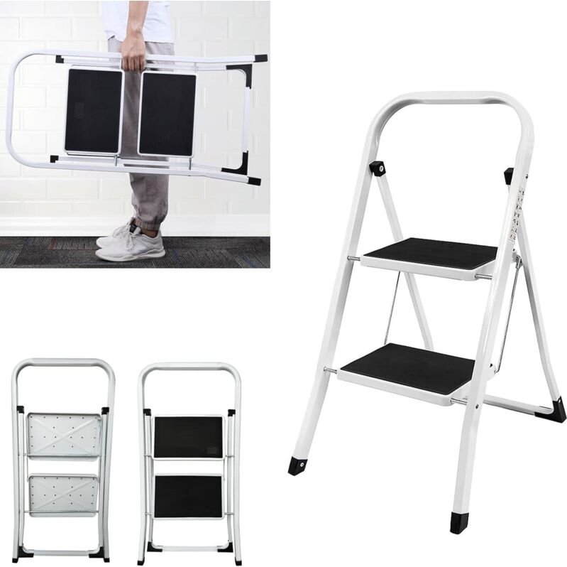 2-stufige Klappleiter mit Handläufen, Küchenleiter, zusammenklappbare Stehleiter, vielseitige Metallleiter mit breiten r...