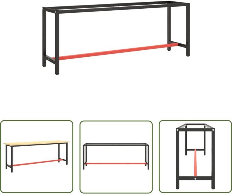 The Living Store Werkbankgestell Mattschwarz und Mattrot 210x50x79 cm Metall - Metall Gestell - Werkbankgestell - Tischg...