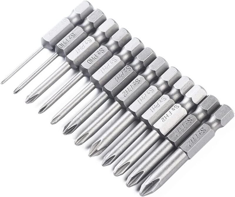 Set mit 12 Kreuzschlitzschraubendreher-Bits, 50 mm, mit 6,35 mm magnetischem Sechskantschaft