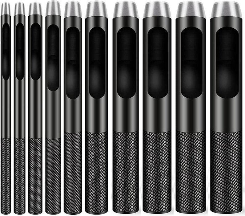 Set mit 10 runden Stahlstempeln für Lederarbeiten, Löcher von 1 bis 10 mm für Gürtel, Uhrenarmbänder und Kleidung.
