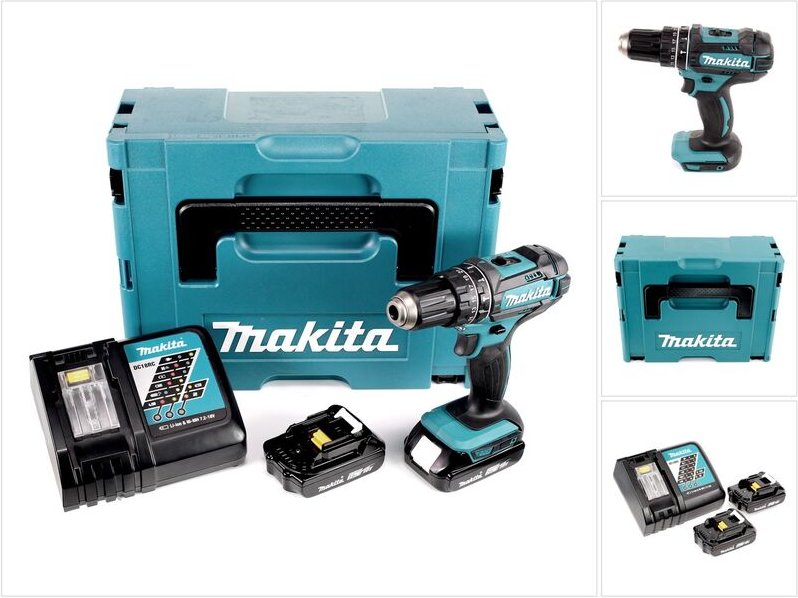 Makita DHP 482 RAJ Akku Schlagbohrschrauber 18 V 62 Nm + 2x Akku 2,0 Ah + Ladegerät + Makpac
