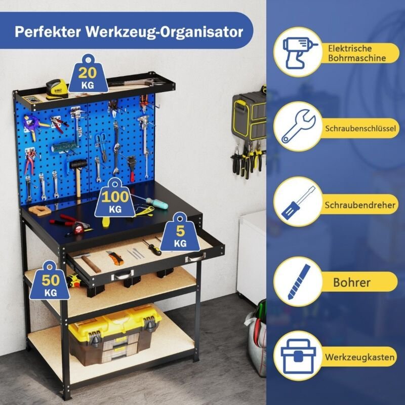 Werkbank 81 x 41 cm 225 kg tragkraft arbeitstisch mit lochwand amp schubladen amp regalen blau