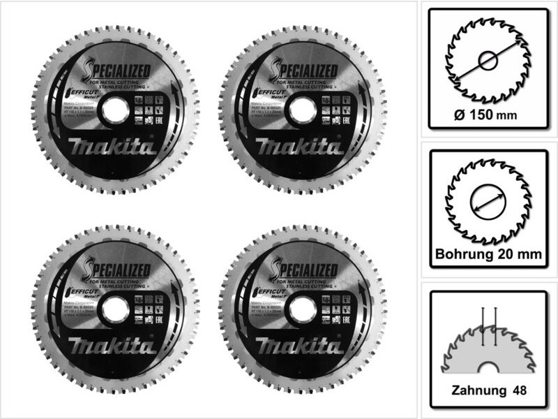 Makita MCCS15048E SPECIALIZED EFFICUT Sägeblatt 150 x 20 x 1,1 mm 4 Stk. ( 4x B-69331 ) 48 Zähne für Metall