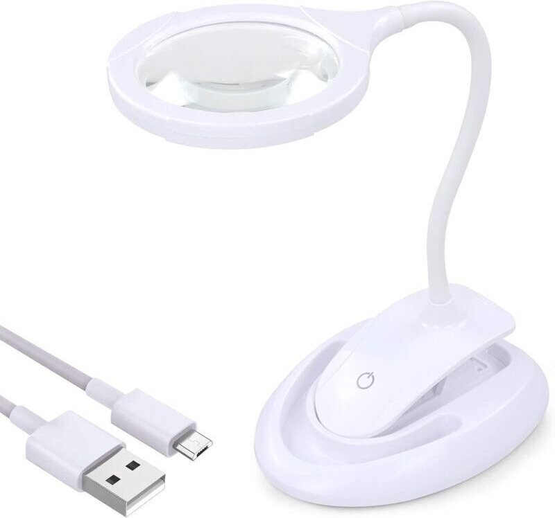 Beleuchtete Lupe, Vergrößerungslampe mit Licht, 5- und 10-fache Vergrößerungslampe mit Ständer und Klemme, wiederaufladb...