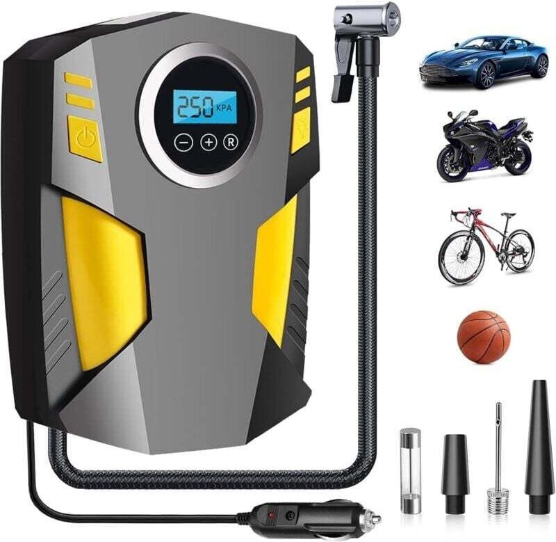 Tragbarer digitaler Autoreifenfüller, 12-V-Schnellluftpumpe mit Digitalanzeige und LED-Licht für Auto, Fahrrad, Motorrad...