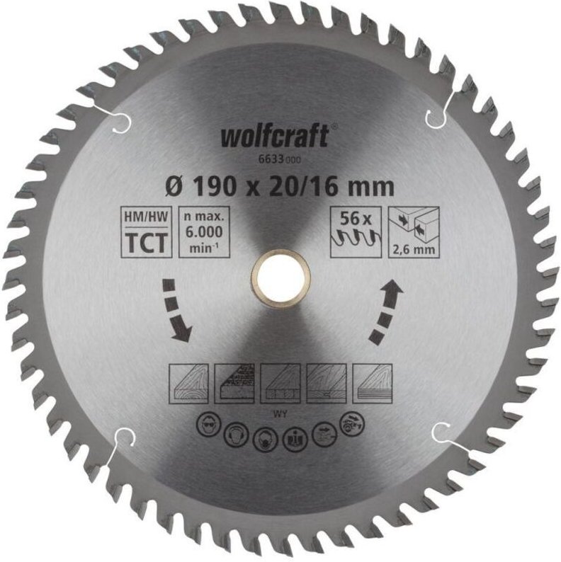 Wolfcraft Kreissägeblatt 190 x 20/16 mm 56 Zähne Hartmetall Kreissägeblatt