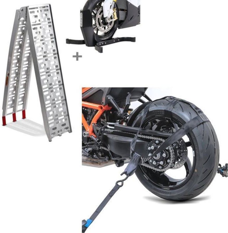 Set: Ladebordwand CS1 + Easy Plus Radblockierer + schwarze Zurrgurte