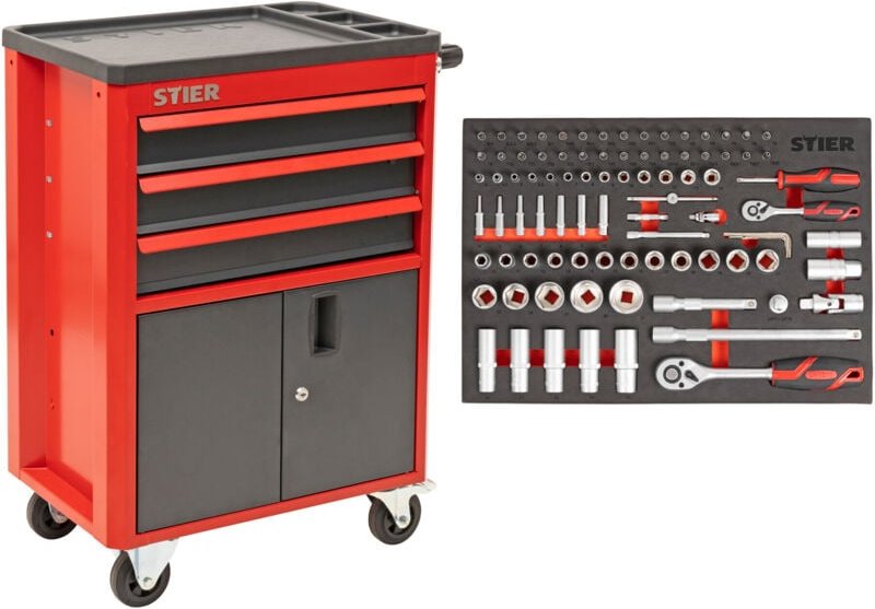 Werkstatt- und Schrankwagen mit 3 Schubladen, bestückt 92-teilig, Werkzeuge in Weichschaumeinlage (eva), Tragkraft 200kg...