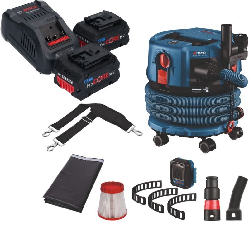 Bosch gas 18V-12 mc Professional Akku Staubsauger biturbo Brushless + 2x ProCore Akku 8,0 Ah + Schnellladegerät + Zubehö...