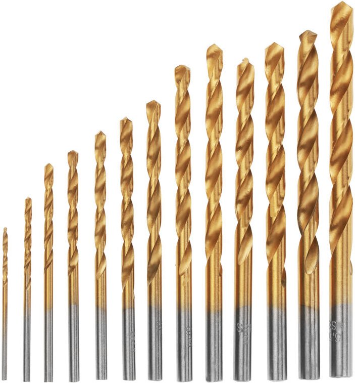 Set mit 13 titanbeschichteten HSS-Spiralbohrern, von 1,5 bis 6,5 mm, mit rundem Griff