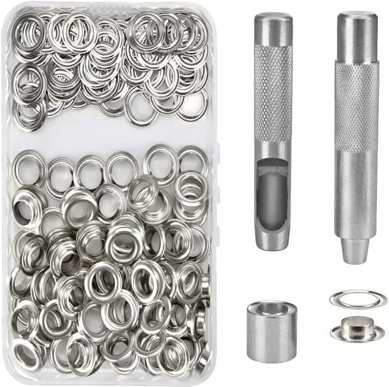 100-teiliges Ösen-Set aus Metall, Werkzeug-Set, 14 mm, Ösen-Set für die Reparatur von Segeltuchplanen, Zelt, Silber