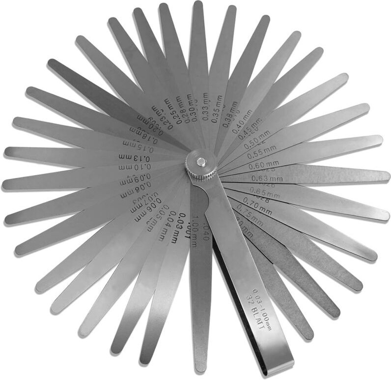 32 Dickenmessgeräte-Klingen 0,03–1,00 mm / 0,001–0,04 Zoll, Stahl – Messwerkzeug mit metrischer und imperialer Markierun...