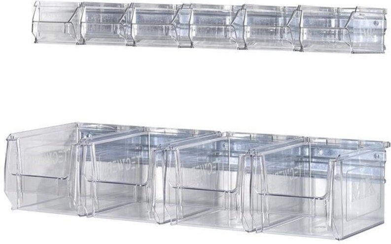 Wandschiene H75xB602xT180mm Stahl verzinkt mit Sichtlagerkästen 6 x MK5 transparent