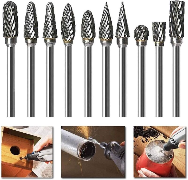 Beijiyi - 10 Stück Double Cut Wolframstahl Vollhartmetall-Frässtifte Set 3 mm Schaft Bohrer Spiralstangen für Dremel Prä...