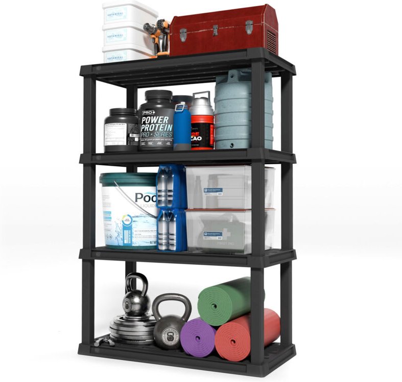 Iris Ohyama, Robustes Kunststoffaufbewahrungsregal, 120 kg Fassung, 4 Ebenen, Garagenregal, Küche, PRS-L4, Schwarz