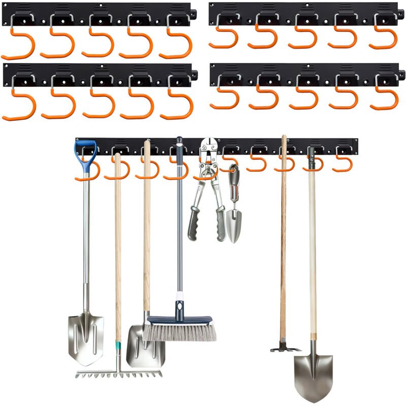 Relaxdays Gartengerätehalter Wand, 20 Haken, Geräte Wandhalterung, HBT: 5x43x2 cm, 4x Geräteleisten, schwarz/orange