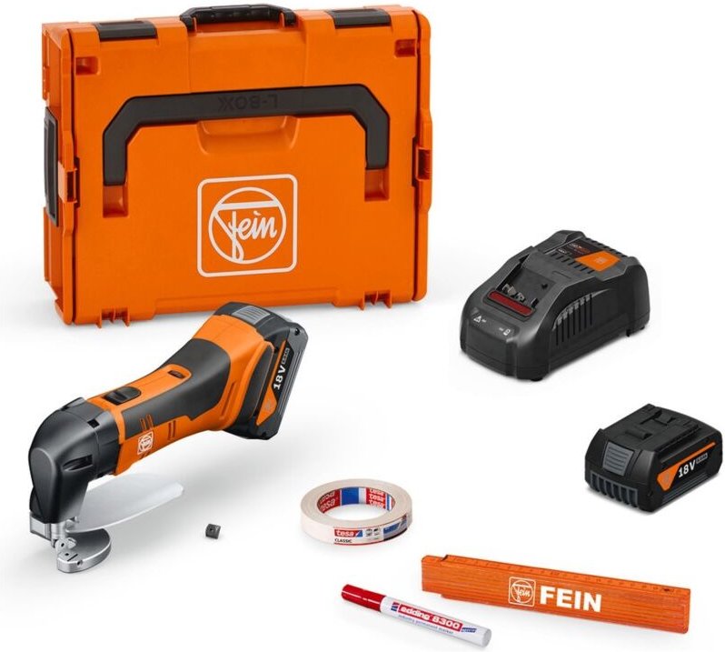 FEIN Akku-Blechschere bis 1,6 mm ABLS 18 1.6 E AS Set, incl. 2x Akku GBA 5 Ah, Ladegerät, Zubehör, L-BOXX