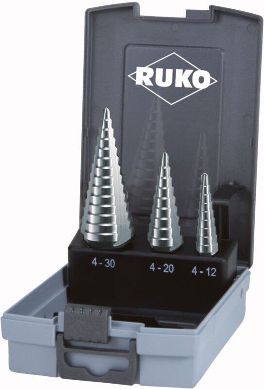 RUKO Stufenbohrer-Satz HSS mit 3 Schneiden in den Größen 0/9, 1, 2 in Kunststoffkassette - 3 tlg. - 101326RO