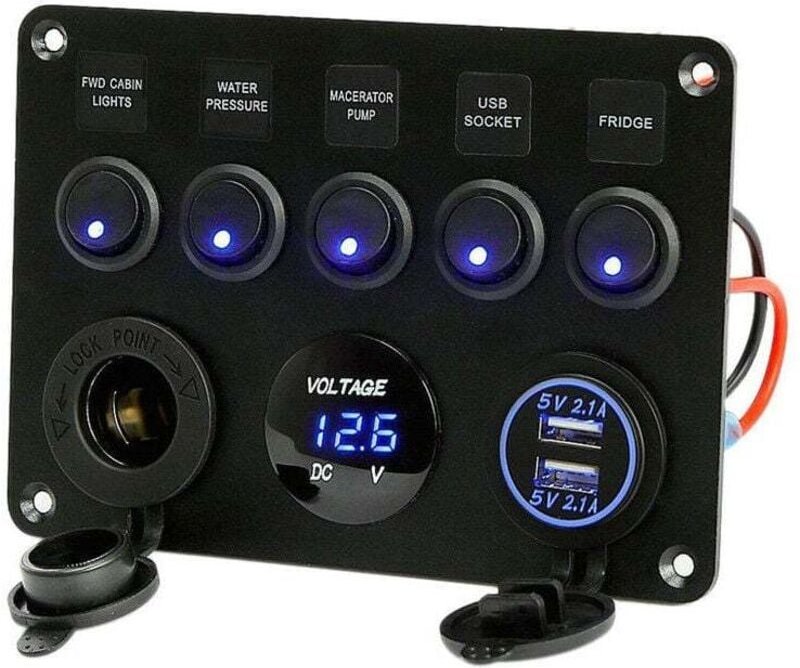 5-Wege-Wippschalterpanel mit zwei 5V 4,2A USB-Buchsen, Zigarettenanzünder und Voltmeter für Boot, Auto, Wohnwagen, LKW, ...