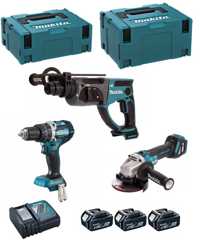 Makita - Kit DLX3093TJ (DGA513 + DHP484 + DHR202 + 3 x 5,0 Ah + DC18RC + makpac 2 + makpac 3)
