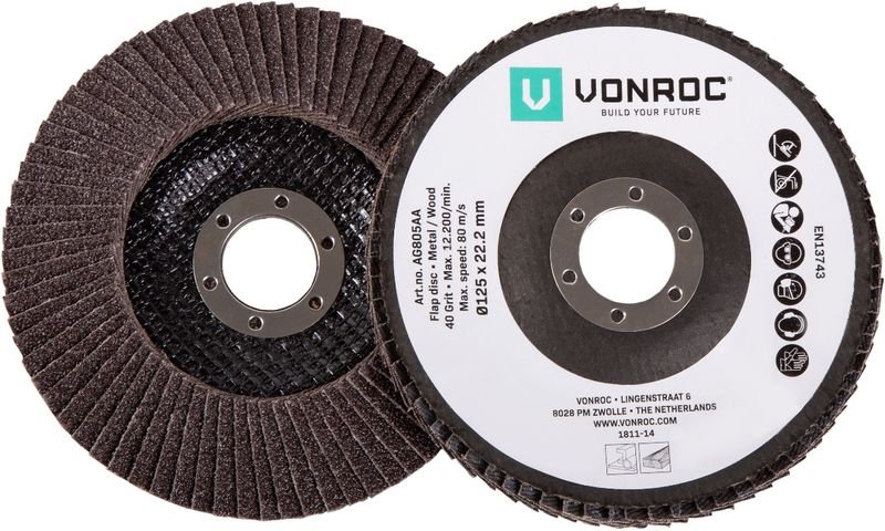 Vonroc - Universelles Fächerschleifscheiben-Set 2-teilig - K40 & K60 - ø 125 x 22,2 mm