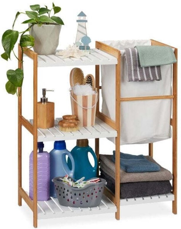 4 tier bathroom shelving and laundry bin