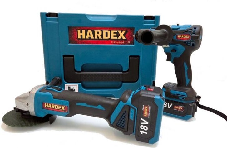 HARDEX 2-in-1 Set: 45 Nm Akku-Bohrschrauber, 125 mm Winkelschleifer, 2 x 4,0 Ah Akkus