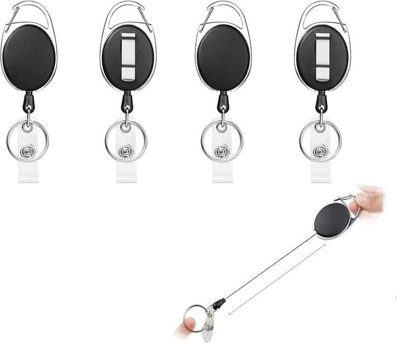 4 Stück Spulenclips, einziehbarer Ausweishalter mit Schlüsselgürtelrolle für Schlüsselanhänger, Ausweis, einziehbares Sc...