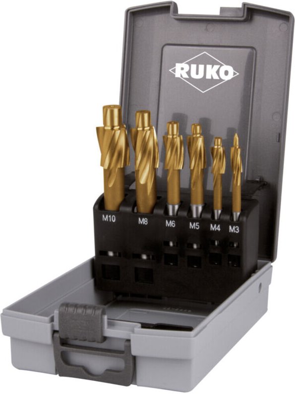 Ruko - Flachsenkersatz 6tlg. din 373 HSS-TiN m 3 - m 10 fein für Durchgangsloch in ABS-Kunststoffkassette - 102450TRO