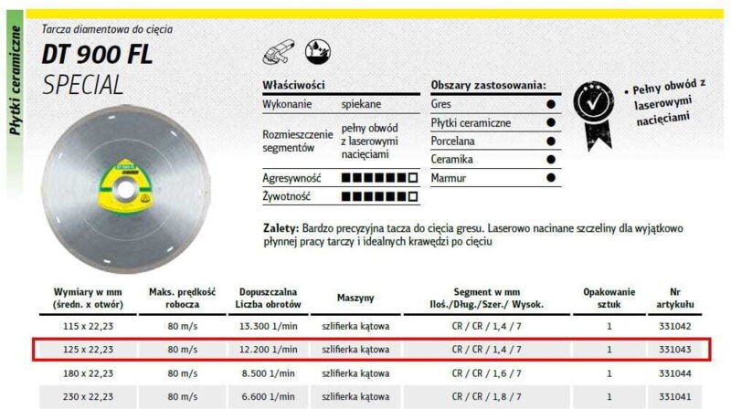 KLINGSPOR VOLLDIAMANTSCHEIBE 125 mm x 1,4 mm x 22,2 mm DT900FL SUPRA, GRES, SPEZIAL, TROCKEN, NASS