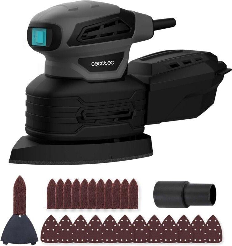 180W Orbital Schleifmaschine mit FingerDetail-Aufsatz, 12 Minen, 3M-Kabel, Staubbehälter und Staubsaugeranschluss.