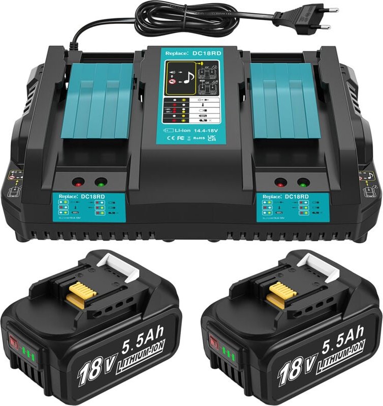 DC18RD Ladegerät 18v 2Stücke Ersatzakku für Makita 18V Akku 5.5Ah Kompatibel 18 V Li-Ion Ersatzakku BL1815 BL1830 BL1840...