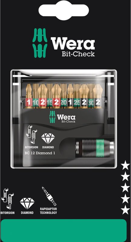 Bit-Check 12 Diamond 1 sb 05136392001 Bit-Set 1/4' (6.3 mm) inkl. Bithalter - Wera