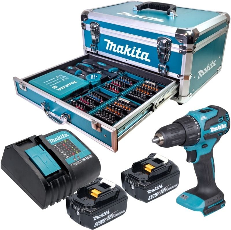 Makita DHP 490 SFX9 Akku Schlagbohrschrauber 18 V 65 Nm Brushless + 2x Akku 3,0 Ah + Ladegerät + 96 tlg. Zubehör Set + K...