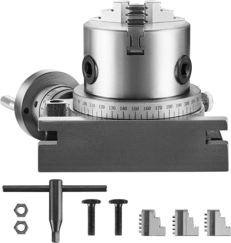 Drehtisch für Fräsmaschinen, 4 Zoll (100 mm), Horizontal-Vertikal-Modell mit 3-Backen-Futter, M10 T-Bolzen und Muttern,