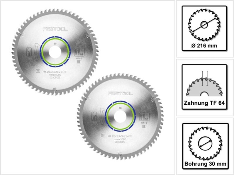 Spezial Kreissägeblatt Set 2x hw 216 x 30 x 2,3 mm TF64 216 mm ( 2x 500122 ) 64 Zähne - Festool
