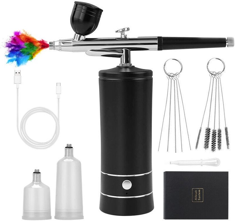 (Schwarz) Kabelloses Airbrush-Set mit Kompressor, tragbare Mini-Airbrush, wiederaufladbare Nagel-Airbrush, Modellmalerei