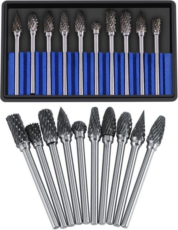 Satz mit 10 Hartmetall-Rotationsfräsern, Wolframstahl, 3 mm Durchmesser Schneidkopf, 6 mm Schaft, zum Schneiden, Metallb...