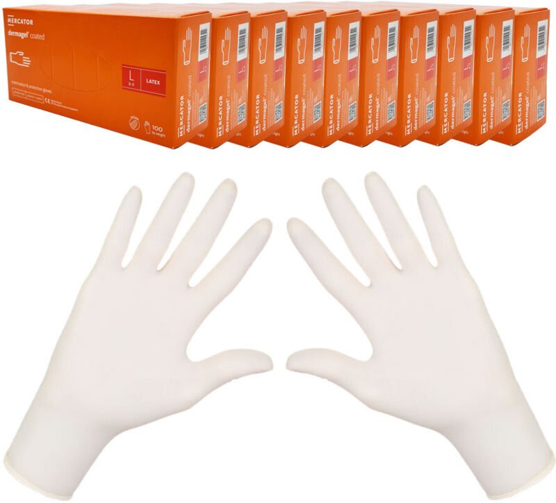Latexhandschuhe L Mercator Dermagel beschichtet, 100 Stück, Karton mit 10 Packungen
