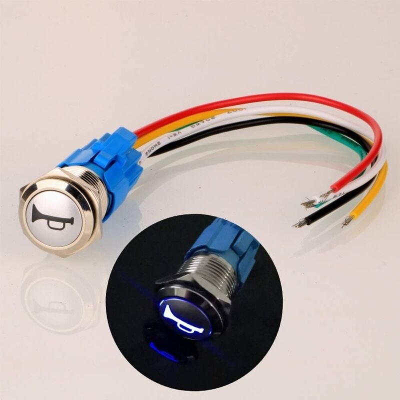 12 V-24 V/5 A, 16 mm, vorverdrahteter Hupen-Druckknopfschalter, wasserdichter Metallknopf mit blauer LED