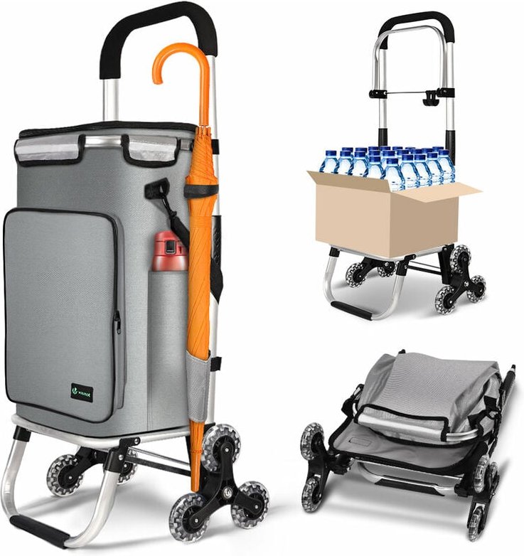 Aluminium Einkaufstrolley Treppensteiger, Trolly Einkaufswagen Klappbar mit Haken 6 Räder, Grau - Vounot